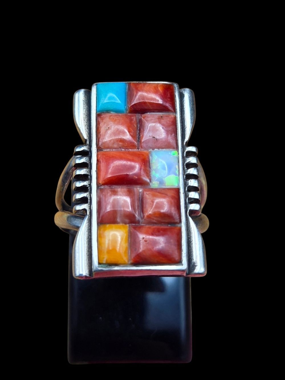 Sterling Silver Row Inlay Ring, Coral Turquoise & Opal Accents, Size 6